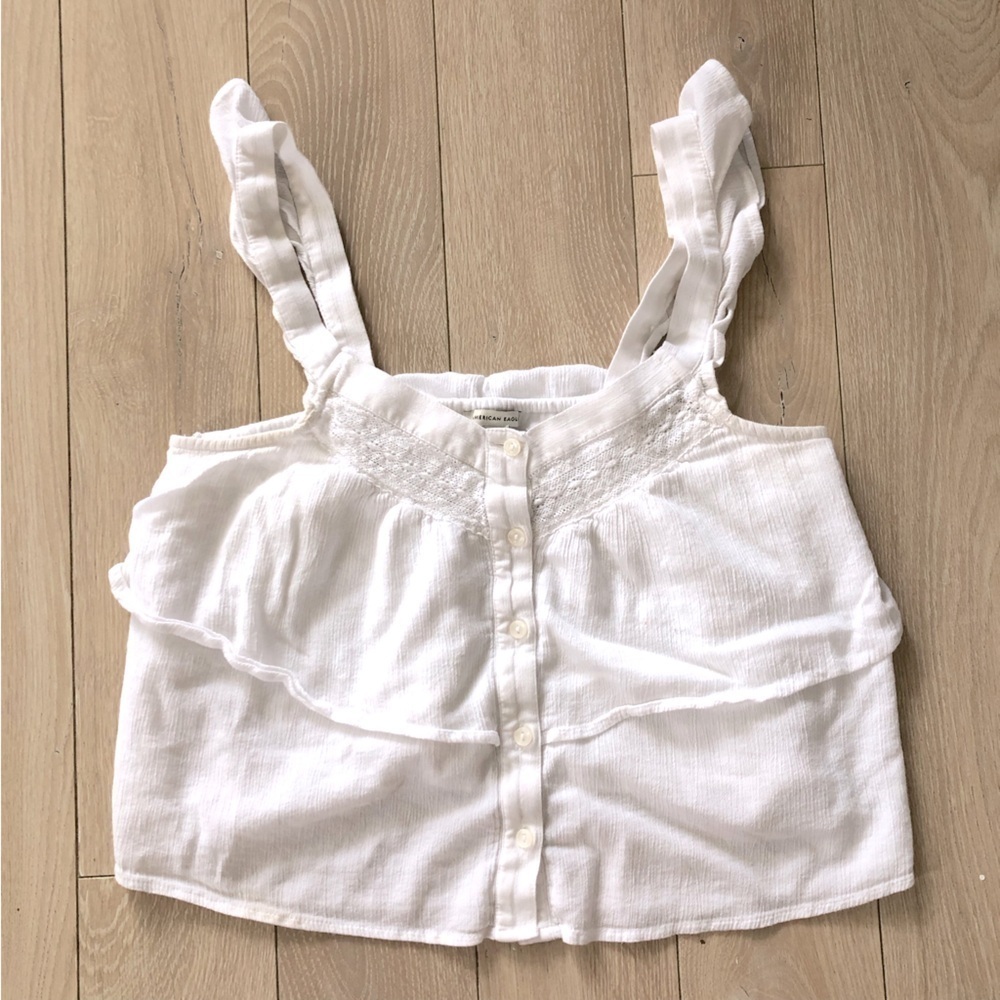American Eagle Outfitters Lace Detailed Tiered Ruffle Top in White Size M